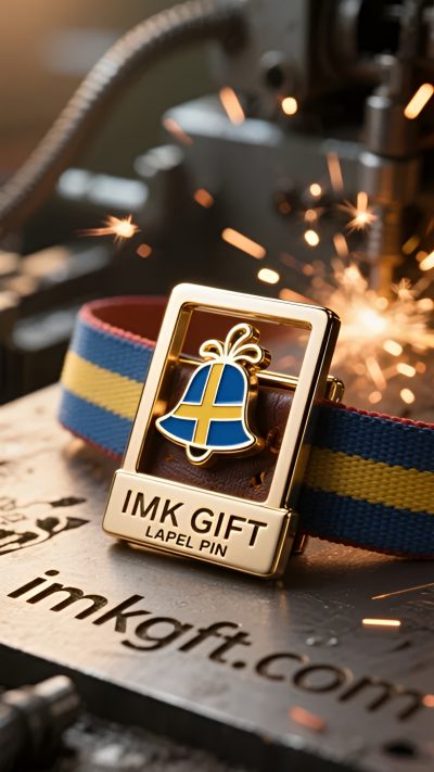 in987-Blått-och-guldfärgat-bältesspänne-med-Oath-Swedish-Spirit-motiv-i-liljekonvalj