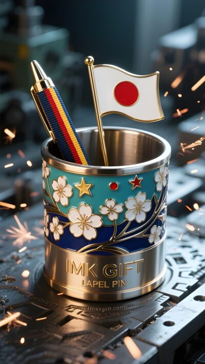 in986-桜のペンホルダーに描かれた星と赤い太陽